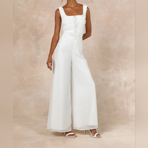 Lulus Majorly Iconic White Swiss Dot Ruffled Lace-up Sleeveless Braided Jumpsuit - Picture 4 of 15